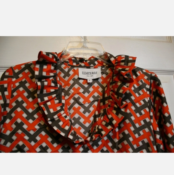 ELIZABETH MCKAY Silk Ruffled Orange Brown Long Sleeve Blouse Size 2 EUC - Picture 4 of 8